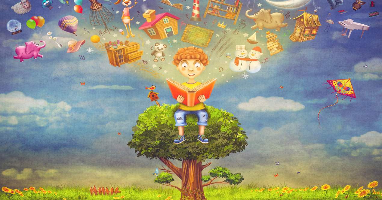 Animación de niño leyendo fantasía encima de un árbol.